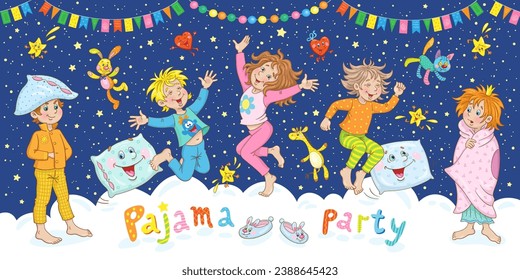 Pajama party. Funny children in pajamas play and jump with toys and pillows. In cartoon style. Banner on a dark blue background with stars and clouds. Vector illustration.