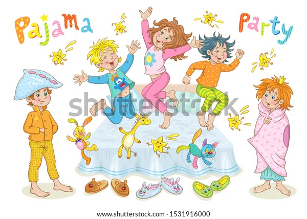 パジャマパーティー パジャマを着たおかしな子どもたちがベッドで遊び飛び跳ねる 漫画風 白い背景に ベクターイラスト のベクター画像素材 ロイヤリティ フリー