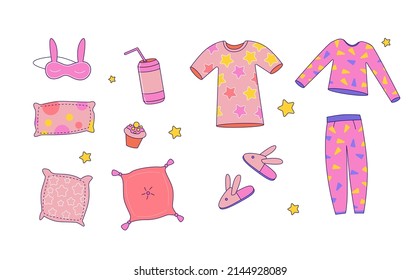 Pajama party for girls set. Cute nightwear, food, sleeping mask, pillows and other funny elements on violet background. 