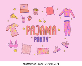 Pajama party for girls set. Sleepover invitation. Cute nightwear, food, sleeping mask, slippers, pillows and other funny elements. 