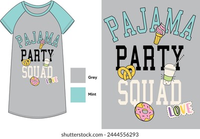 pajama party graphic women's nightwear long shirt print vector artwork with flat sketch of color block long t-shirt