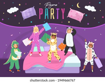 Pajama Party. Happy Children Fight With Pillows, Kids Animals Costumes Party, Boys And Girls Jump On Bed Friends Sleepover Holiday, Night Starry Sky. Invitation Card Vector Cartoon Concept