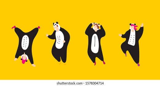 Pajama party. Happy friends in pajamas costume sleepwear. Trendy flat people vector illustration. Cute cartoon character panda. Birthday party. Cartoon happy dancing isolated people.