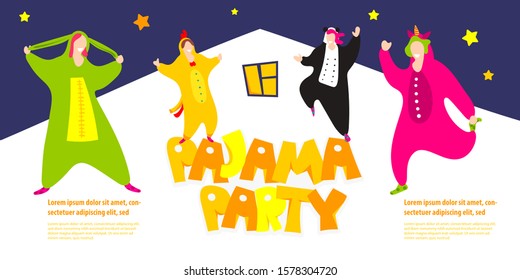 Pajama party. Happy friends in pajamas costume sleepwear. Trendy flat people vector illustration. Cute cartoon character unicorn, panda. Birthday party invitation. Cartoon happy dancing people.