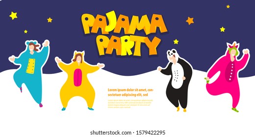 Pajama party. Happy friends in pajamas costume sleepwear. Trendy flat people vector illustration. Cute cartoon character unicorn, panda. Birthday party invitation. Cartoon happy dancing people.