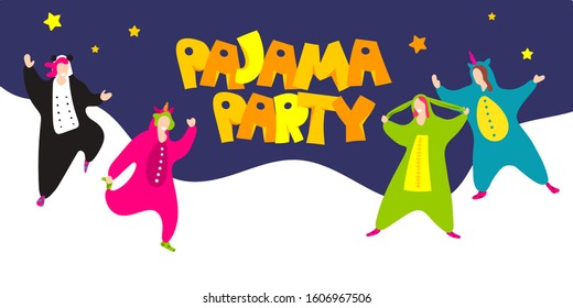 Pajama party. Happy friends in pajamas costume sleepwear. Trendy flat people vector illustration. Cute cartoon character unicorn, panda. Birthday party invitation. Cartoon happy dancing people.