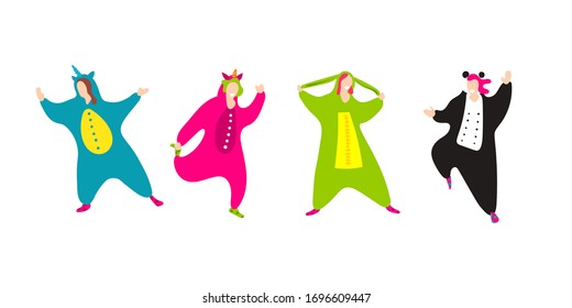 Pajama party. Happy friends in pajamas costume sleepwear. Trendy flat people vector illustration. Cute cartoon character unicorn, panda. Birthday party. Cartoon happy dancing isolated people.