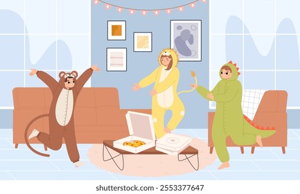 Pajama party at home. Young adults wearing animal pajamas, amigurumi costumes. Pizza friends night, happy teenagers alone at house vector scene