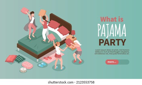 Pajama party horizontal web banner with girls having pillow fight in bedroom 3d isometric vector illustration