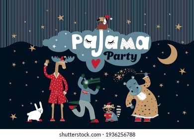 Pajama party. An image of stylized animals in a cartoon style. Moose, crocodile, hippo, toucan, raccoon and bunny in pajamas. They can be used in postcards, children's events, posters, and clothing.