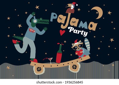 Pajama party. An image of stylized animals in a cartoon style. Crocodile and raccoon in pajamas. They can be used in postcards, children's events, posters, and clothing. Vector illustration.