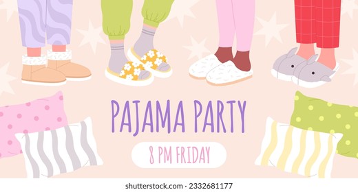 Cartel de invitación del partido Pajama. Zapatillas de dibujos animados, piernas de niñas en calzado. Los pies en la suave y acogedora zapatilla y almohadas. Fondo adormilado vectorial racy