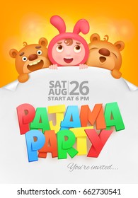pajama party invitation card with cartoon funny characters. Vector illustration