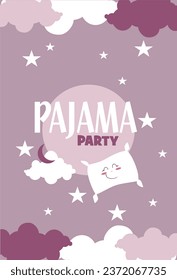 Pajama party invitation card, cloudy, starry sky, full moon and pillow wit a smile.