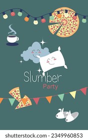 Pajama party invitation card, colorful lights garland, pizza, cloud and smile pillow