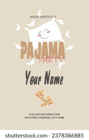 Pajama party invitation card, funny feather pillow, pizza slices.