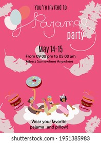 Pajama Party invitation card template, lettering, three girls, pink, snacks, night masks, donuts, macarons, feathers.