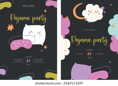 Pajama Party invitation card template with sleep mask, stars, clouds. Set of vector design invites.
