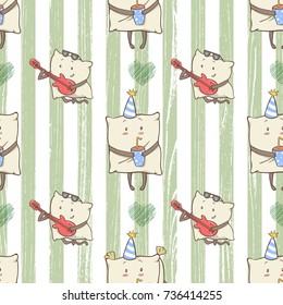 Pajama Party Invitation Card Template With cute cartoon Pillow Inviting Kids For The Slumber Pyjama Overnight Sleepover. seamless pattern for fabrics, apparel, home decoration or wrapping paper design
