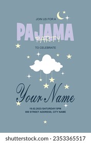 Pajama party invitation card, white cloud with stars and moon and text.