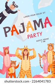 Pajama party invitation. Child teenager and adult people invite friends on sleepover in pyjamas onesie, nightwear slumber girl fun kid sleep bed celebrate night vector illustration