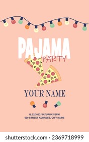 Pajama party invitation, colored garlands with lights, and pizza slices.