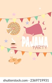 Pajama party invitation, colored garlands, pizza, pillows, slippers.