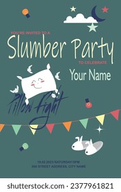 Pajama party invitation, garland, colored lights, clouds, funny pillow and slippers.