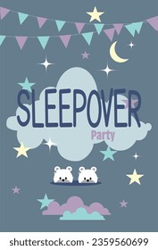 Pajama party invitation, night sky with many stars and lights, colored garlands, cloud, and home slippers. 