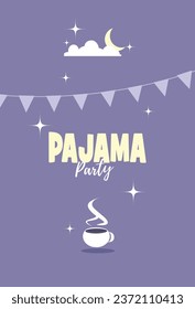 Pajama party invitation, night sky with cloud and moon, garland and cup of hot tea.
