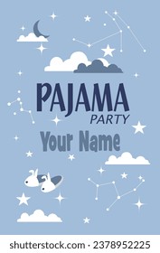 Pajama party invitation, night sky, constellation clouds and moon.