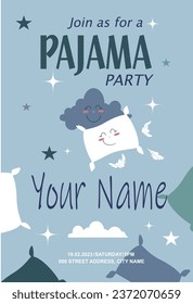Pajama party invitation, pillow and cloud with a smile, night starry sky.