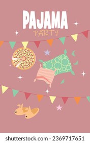 Pajama party invitation, pillows, colored garlands, slippers, pizza. 