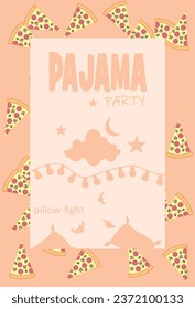 Pajama party invitation, pizza slice frame, cloud, garland with lights and pillow fight.