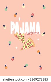 Pajama party invitation, pizza slices, and colored lights.