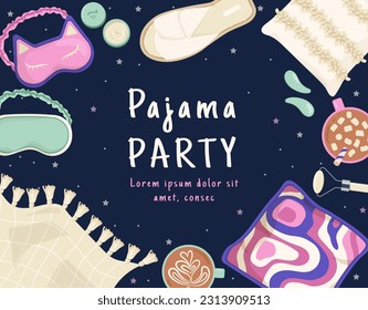 Afiche de la invitación del partido Pajama. Evento y fiesta, feriado y festival. Máscaras de sueño y almohadas. Copa con bebida caliente, café o té y linterna. Portada o pancarta. Dibujo vectorial plano de dibujos animados