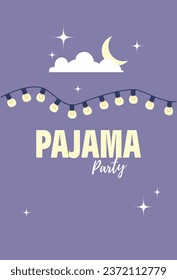 Pajama party invitation, purple starry sky with cloud and moon, garland of lights.