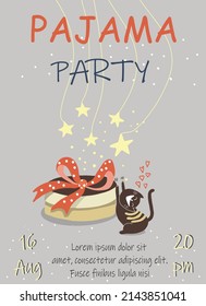 Pajama party invitation, template, with a big cake with a bow, stretching cat, stars, hearts.