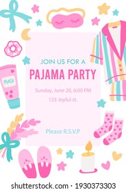 Pajama party invitation template. Card for birthday party with sample text. Editable vector illustration.