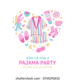 Pajama Party Einladung Vorlage. Zusammensetzung der thematischen Elemente in Form eines Herzens. Karte zum Geburtstag mit Beispieltext. Bearbeitbare Vektorgrafik.