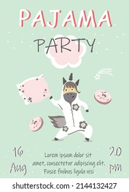 Pajama party invitation template, unicorn in pajamas, with pillow, donuts, comet, cloud, vector illustration.