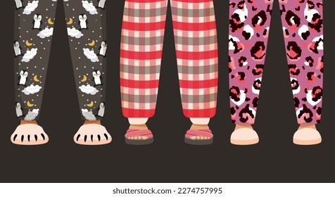 Invitación a la fiesta de pijama con un diseño moderno. Un par de piernas en pijamas y zapatillas sobre un fondo negro. aislado. Felicidad. Estilo plano. Ilustración de material vectorial