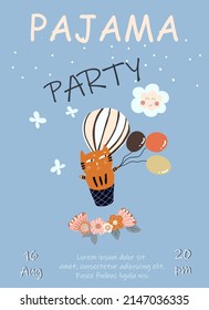 Pajama party invitation vector template, cat flies in a balloon, semicircular wreath of flowers, clouds, balloons, children's birthday.