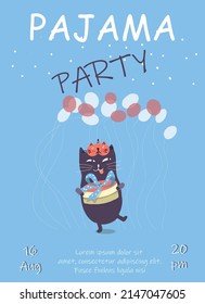 Pajama party invitation vector template, many balloons, cat with a cake and a sleep mask, children's birthday.
