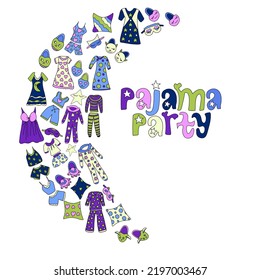 Pajama party invitation. Vector template Slumber party for kids. Set of funny pajamas and nightgowns. Vector illustration of hand-drawn elements in a linear doodle style