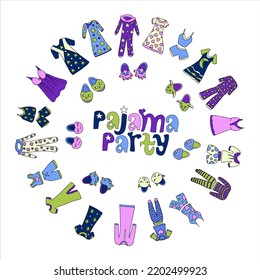 Pajama party invitation. Vector template Slumber party for kids. Set of funny pajamas and nightgowns and fireboxes arranged in a  circular composition.