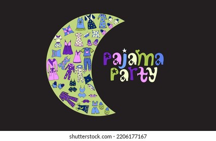 Pajama party invitation. Vector template Slumber party for kids.  illustration of hand-drawn sketches in a doodle style. elements for good sleep. Lettering Pajama Party