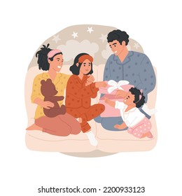 Pajama party isolated cartoon vector illustration. Family members in pajamas with the same pattern, together in a living room, unpacking presents, holiday time, home party vector cartoon.