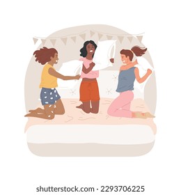 Pajama party isolated cartoon vector illustration. Girls jumping on bed, pillow fight, having fun at pajama party, teenagers entertainment, people communication, indoor activity vector cartoon.