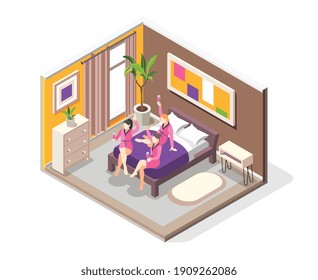 Composición isométrica del partido Pajama con vista del interior del dormitorio con amigas que se divierten en la ilustración del vector de cama